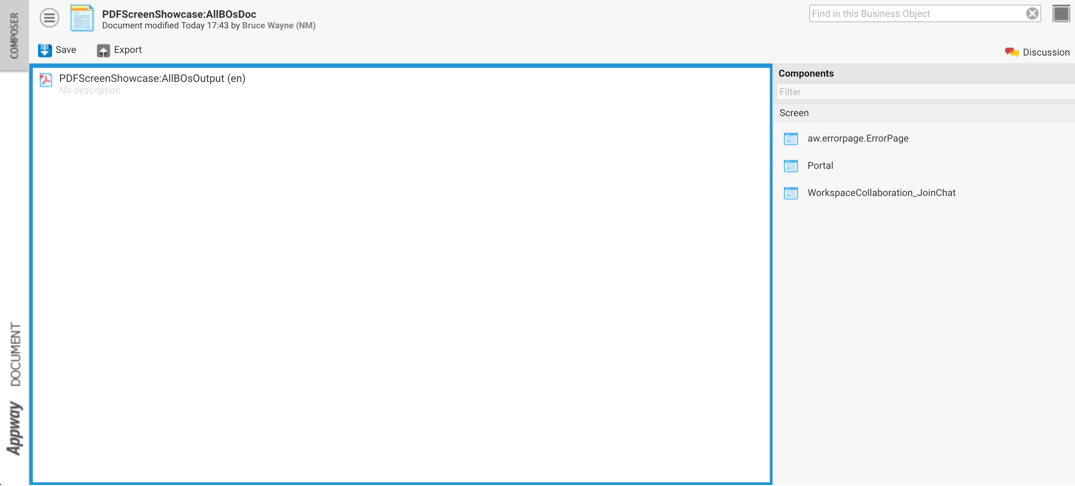 Screenshot of the Document Editor with the PDFScreenShowcase:AllBOsOutput in the composition area