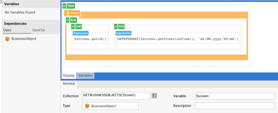 Screenshot of the PDF Output Table in the Studio. The two cells are in a Row, nested in a Foreach component