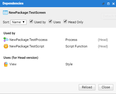 The Dependencies window showing the which Business Objects the TestScreen Screen is used by