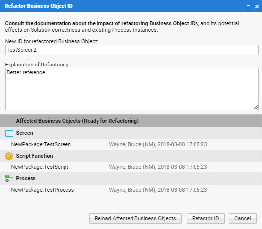 The Refactor Business Object ID window showing the results for TestScreen