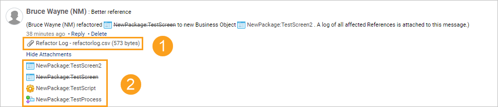 A discussion entry with log file and a list of affected Business Objects