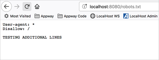 The browser showing the content of the updated robots.txt file