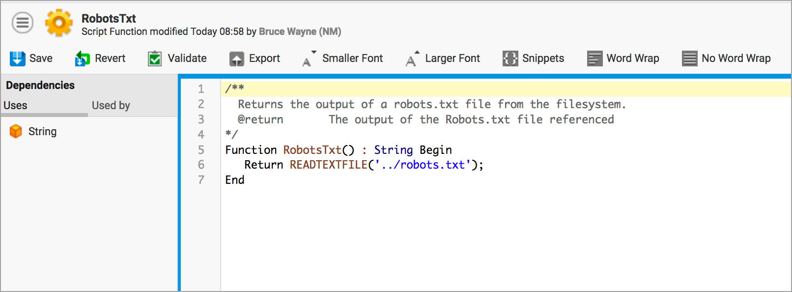 The script editor showing the exact definition of the RobotTxt Script Function