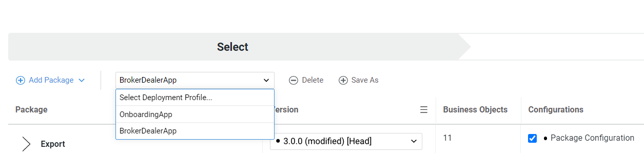 screen showing how to select a deployment profile