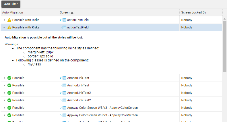 The table showing the filtered components and the legacy styles they use.