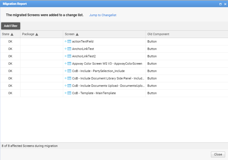 The report dialog shown after migration and summarizing the results