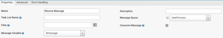 On the component's Properties tab, select $message from the message variable, and choose a message queue. And the 'consume message' checkbox should be checked