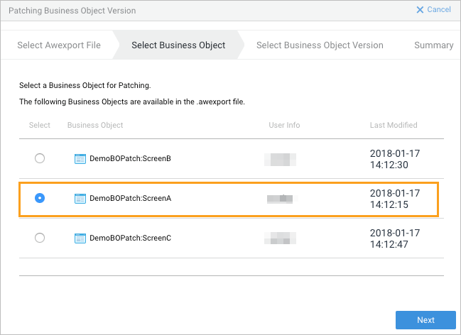 The Select Business Object step of the wizard.