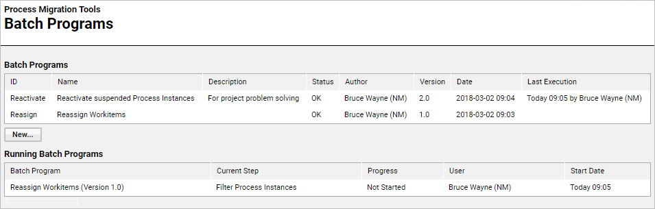 The Batch Program overview window displaying existing and running programs