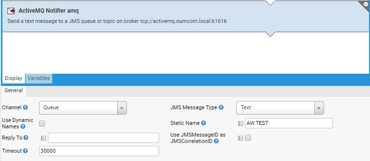 The General tab of the Active MQ Notifier end component.