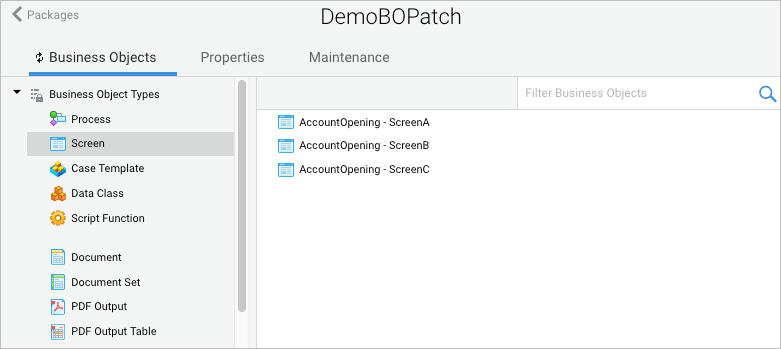 The three screens used in this example scenario as shown in the Package.