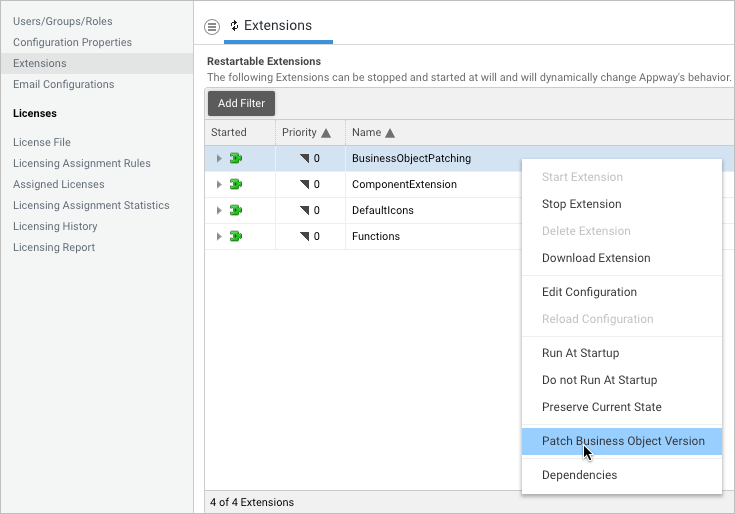 The context menu of the BusinessObjectPatching extension.
