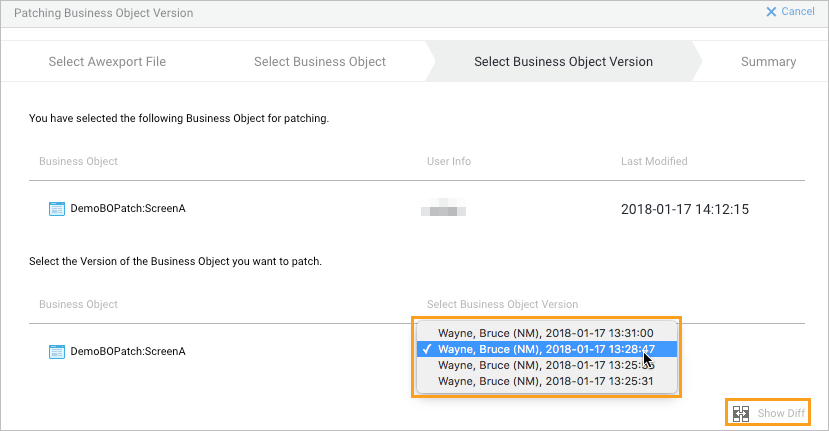Selecting the Business Object version which needs to be patched in the wizard.