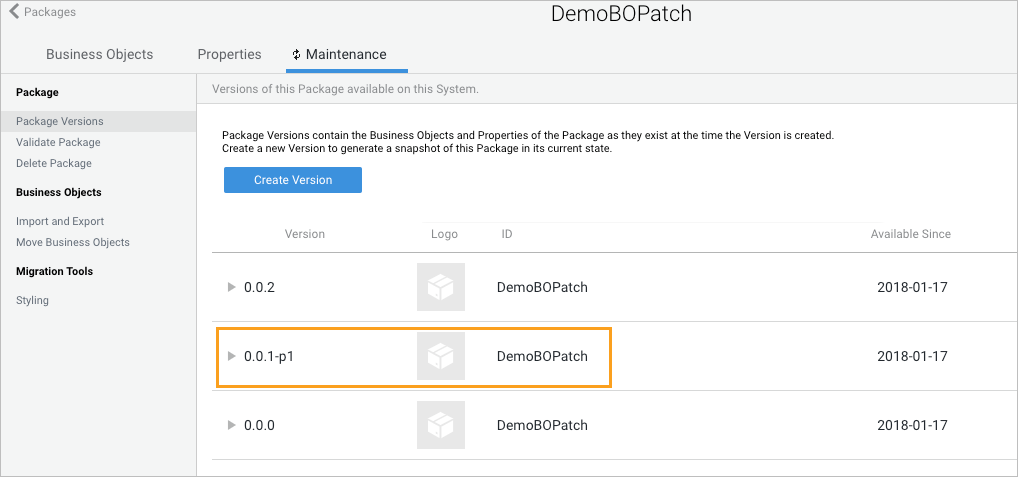 The Package Version list with the patched Package.
