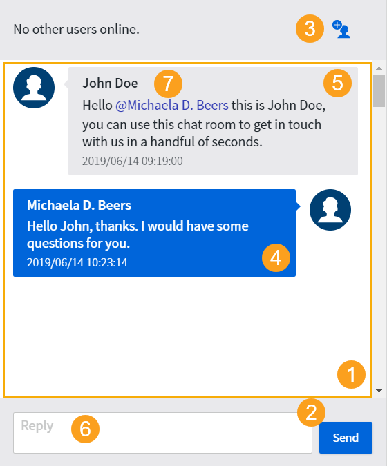 The chat window in preview mode, annotated to fit the following legend pointing to different styleable parts of the window