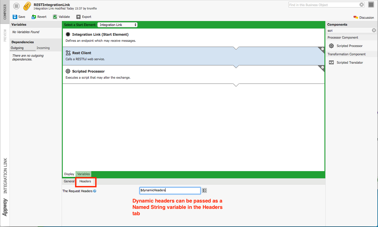 A screenshot showing how to passdynamic headers as a named string variable.