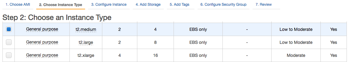 Choose an Instance Type — we've chosen t2.medium general purpose