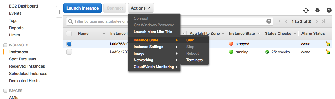 AWS instances UI menu showing Instance State > Start option