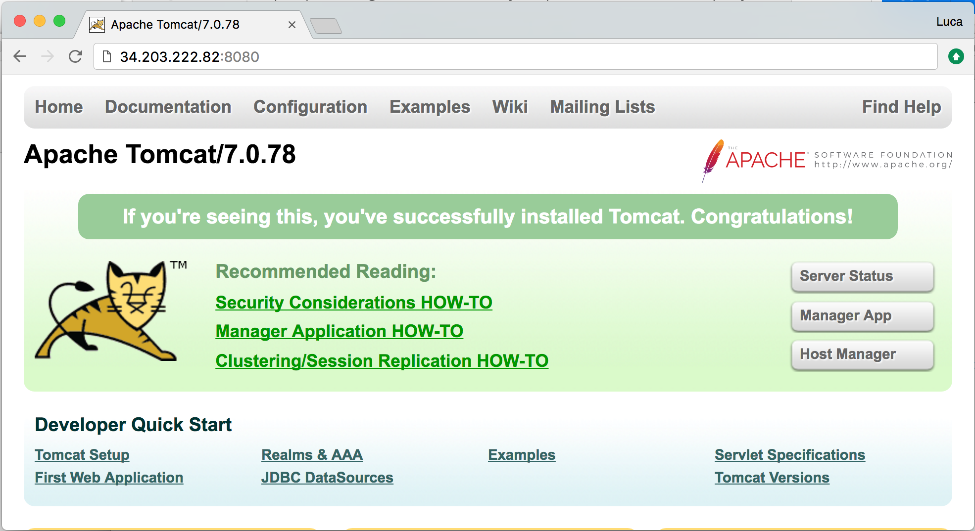 Apache Tomcat/7.0.78 splash screen: You've successfully installed Tomcat!