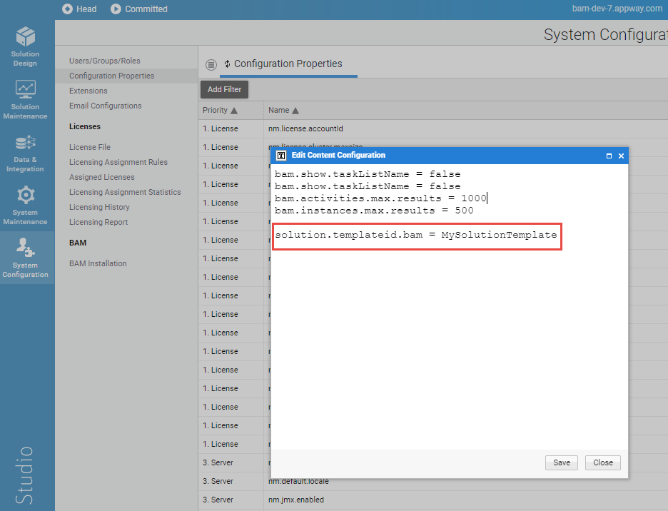 Studio configuration UI showing the configuration property highlighted in a red rectangle