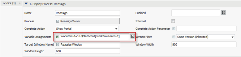 Screenshot showing the Onclick > Display Process fields