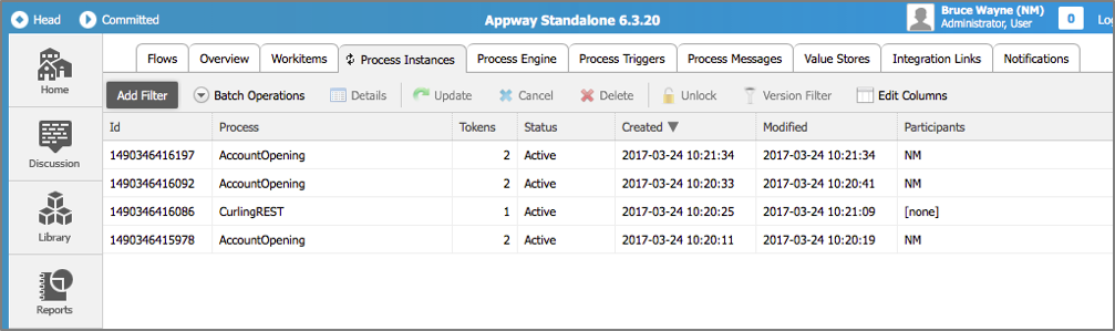 Screenshot of Appway Studio Process Instances Tab. The AccountOpening Process has 3 active Process Instances