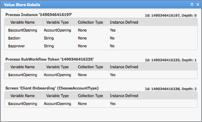 Value Store data, split out into Process Instance, Process SubWorkflow Token, and Screen categories