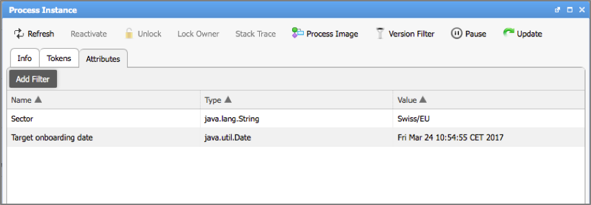 The UI shows that this Process Instance has two attributes: Sector, and Target onboarding date