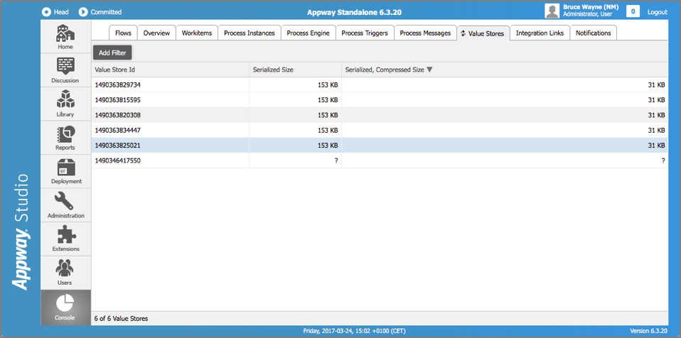 In this example, each Value Store has a serialized size of 153Kb, and a serialized compressed size of 31kB