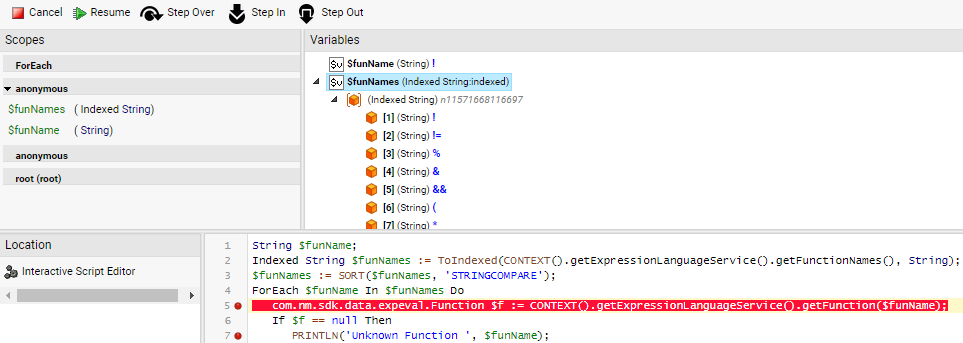The Inspector window where you can use breakpoints to inspect and debug code.